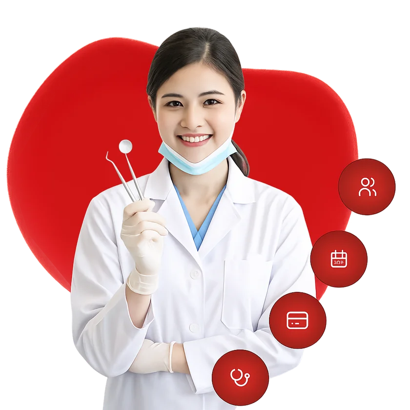 Smiling dentist holding a dental mirror